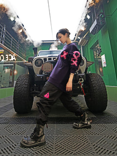 Dark Purple Piecing Hoodie by TAPE OFF, crafted with durable denim and soft cotton, featuring an enzyme wash finish and bold piecing design. Perfect for unisex streetwear and industrial fashion looks.