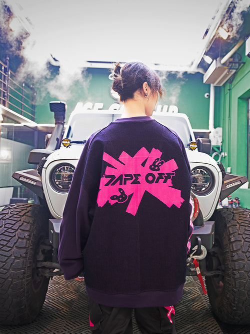 Dark Purple Piecing Hoodie by TAPE OFF, crafted with durable denim and soft cotton, featuring an enzyme wash finish and bold piecing design. Perfect for unisex streetwear and industrial fashion looks.