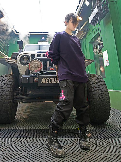 Dark Purple Piecing Hoodie by TAPE OFF, crafted with durable denim and soft cotton, featuring an enzyme wash finish and bold piecing design. Perfect for unisex streetwear and industrial fashion looks.