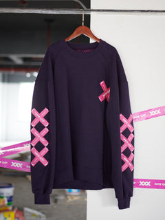 Dark Purple Piecing Hoodie by TAPE OFF, crafted with durable denim and soft cotton, featuring an enzyme wash finish and bold piecing design. Perfect for unisex streetwear and industrial fashion looks.