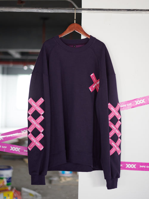 Dark Purple Piecing Hoodie by TAPE OFF, crafted with durable denim and soft cotton, featuring an enzyme wash finish and bold piecing design. Perfect for unisex streetwear and industrial fashion looks.