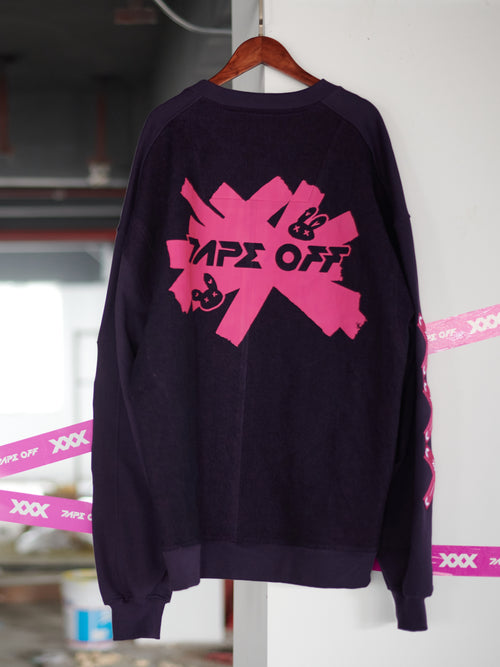 Dark Purple Piecing Hoodie by TAPE OFF, crafted with durable denim and soft cotton, featuring an enzyme wash finish and bold piecing design. Perfect for unisex streetwear and industrial fashion looks.