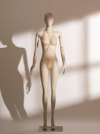 Celestial Divinity Gilding Bodychain Bralette Set featuring a sheer gold lace bralette with halter neck, matching lace thong, and detachable gold bodychain, offering a glamorous, seductive lingerie look with modern elegance.