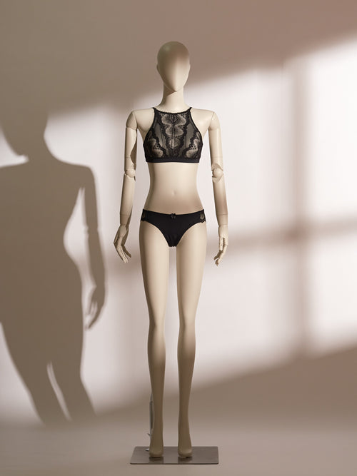 Delores Bralette Lace Set featuring a high-neck sheer black lace bralette with scalloped detailing and matching low-rise black briefs, offering a modern blend of elegance and comfort in seductive lingerie style.