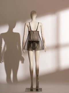 Emerald Obsidian Embroidery Babydoll featuring sheer black mesh, emerald green embroidered cups, delicate adjustable front bow, and matching thong, designed for an elegant and seductive lingerie look.