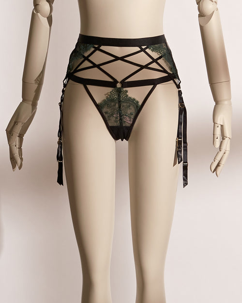 Emerald Obsidian Embroidery Garter Belt