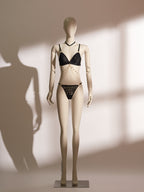 Black lace Flame Bralette Set Bodychain 3-piece lingerie set displayed on a mannequin, featuring a halter-style wireless bralette, a matching low-rise thong, and a detachable gold body chain accessory.