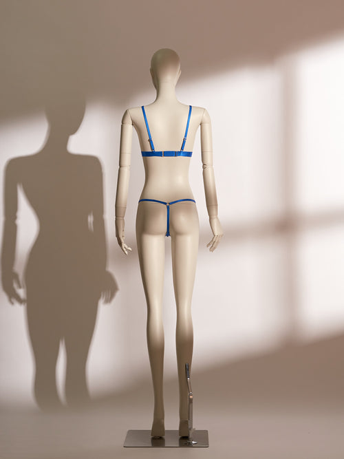 Flame Bralette Set in chic blue, featuring a wireless lace bralette with front closure and matching low-waist thong, combining seductive style with everyday comfort.