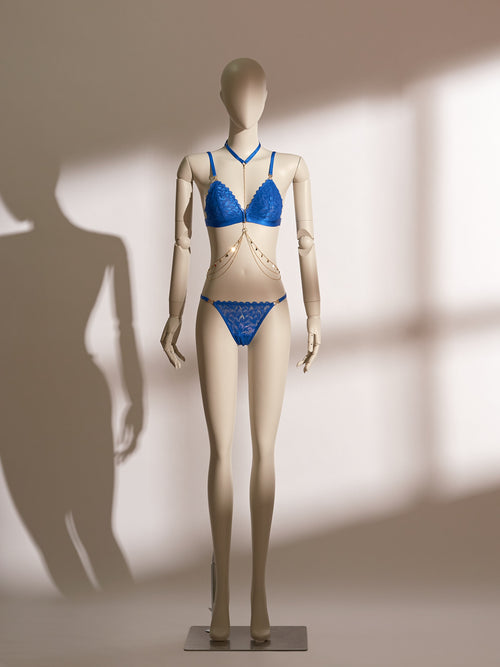 Blue lace Flame Bralette Set Bodychain 3-piece lingerie set on mannequin, showcasing a wireless halter bralette, coordinating thong, and an elegant gold body chain for a bold, sensual look.
