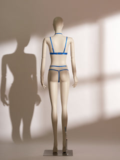 Blue lace Flame Bralette Set Bodychain 3-piece lingerie set on mannequin, showcasing a wireless halter bralette, coordinating thong, and an elegant gold body chain for a bold, sensual look.