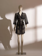 Heartbound Robe in black lace and jacquard mesh featuring sheer sleeves and satin waist tie for seductive elegance