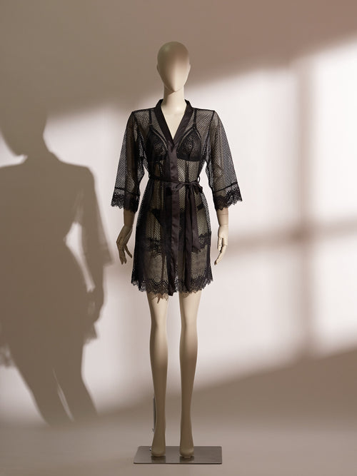 Heartbound Robe in black lace and jacquard mesh featuring sheer sleeves and satin waist tie for seductive elegance
