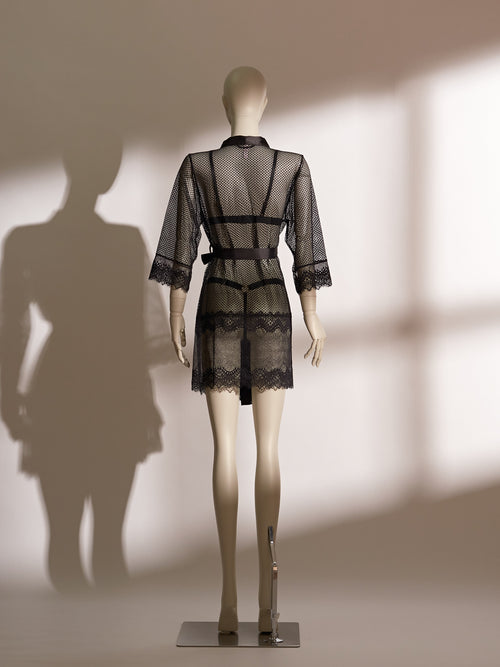Heartbound Robe in black lace and jacquard mesh featuring sheer sleeves and satin waist tie for seductive elegance