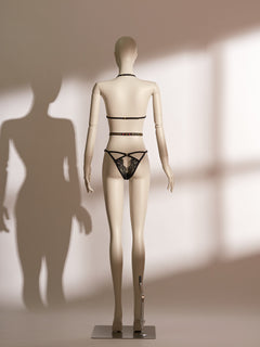 Infernal Grace Ouvert Bodysuit featuring deep lace neckline, S-curve waist, and bold strappy ouvert design for seductive allure