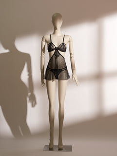 Obsidian Desire Open Thong Babydoll Set featuring lace cups, sheer mesh skirt, and open thong for seductive elegance