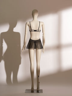 Obsidian Desire Open Thong Babydoll Set featuring lace cups, sheer mesh skirt, and open thong for seductive elegance