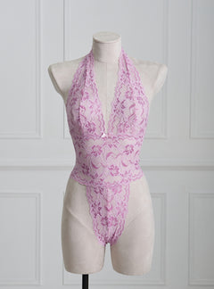 Jane Bodysuit in lavender by Pills N Poison, featuring soft lace material, high-cut design, floral pattern, and V-neck detail. A feminine and stylish bodysuit from a premium lingerie brand, perfect for adults seeking hot lingerie and sophisticated Teddy Lingerie.