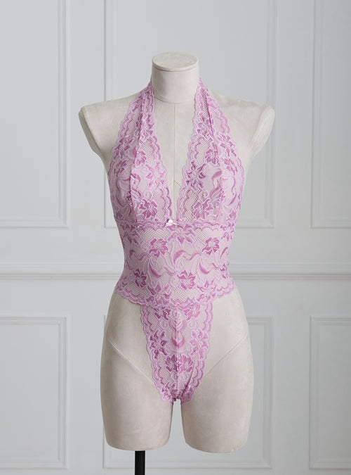 Jane Bodysuit in lavender by Pills N Poison, featuring soft lace material, high-cut design, floral pattern, and V-neck detail. A feminine and stylish bodysuit from a premium lingerie brand, perfect for adults seeking hot lingerie and sophisticated Teddy Lingerie.