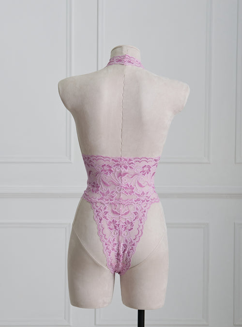 Jane Bodysuit in lavender by Pills N Poison, featuring soft lace material, high-cut design, floral pattern, and V-neck detail. A feminine and stylish bodysuit from a premium lingerie brand, perfect for adults seeking hot lingerie and sophisticated Teddy Lingerie.