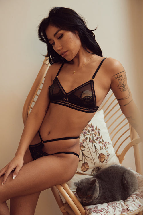 Shimmer Bralette with sheer mesh, floral lace, wireless cups, and wide straps for comfort. Hot lingerie from a premium lingerie brand, perfect for adult wear.