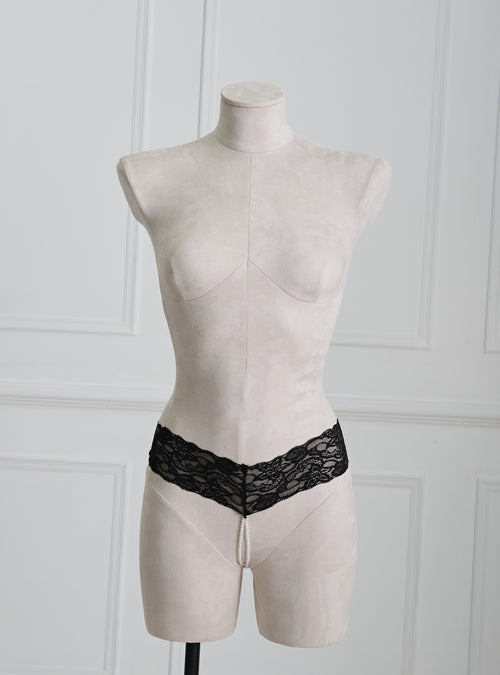 Black lace Pearl Chain Ouvert thong underwear with hand-made pearl chains, designed for both sensuality and comfort. An exquisite piece from our luxurious hot lingerie collection.
