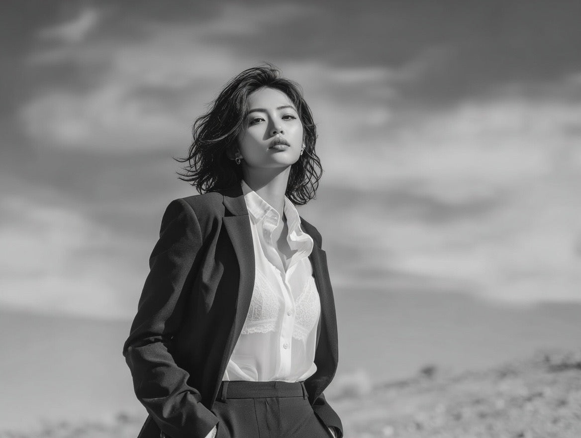 A stylish outfit featuring a black suit paired with a white lace bra.