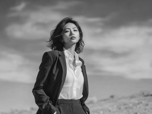 A stylish outfit featuring a black suit paired with a white lace bra.