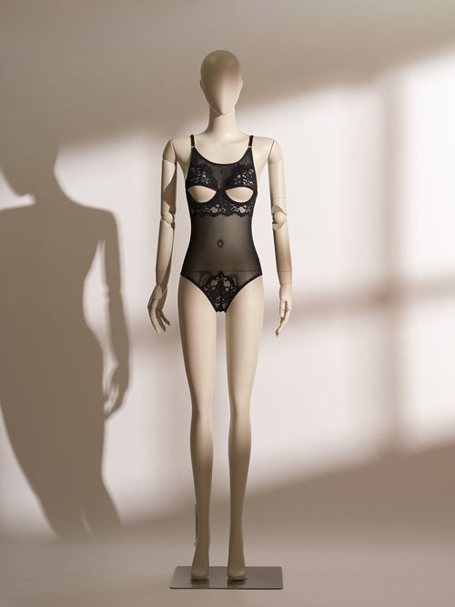 Bloomlace Cutout Ouvert Bodysuit featuring sheer mesh, bold lace cutouts, and underwire support for modern seductive elegance