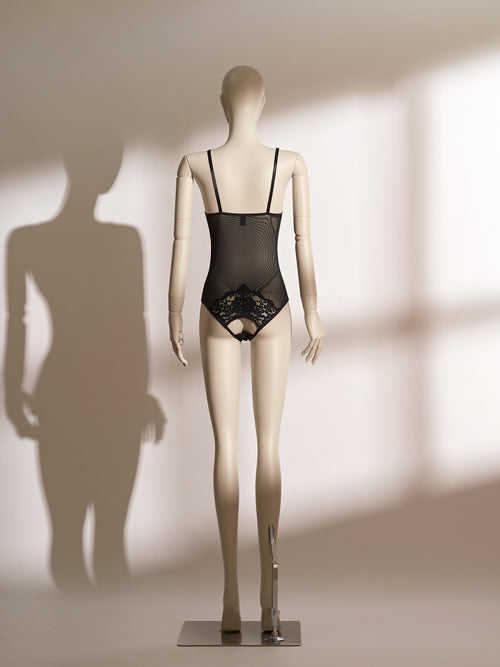 Bloomlace Cutout Ouvert Bodysuit featuring sheer mesh, bold lace cutouts, and underwire support for modern seductive elegance