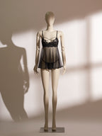 Bloomlace Lace Babydoll Set featuring delicate lace underwire cups, criss-cross straps, sheer mesh umbrella skirt, and matching open thong—elegant seductive lingerie from Pills N Poison.
