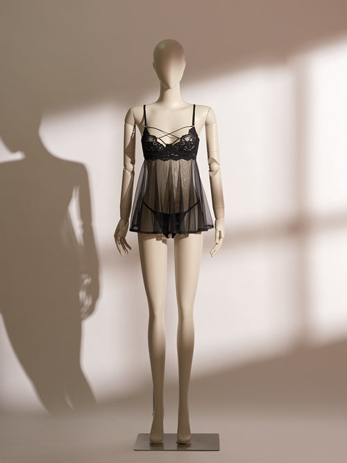 Bloomlace Lace Babydoll Set featuring delicate lace underwire cups, criss-cross straps, sheer mesh umbrella skirt, and matching open thong—elegant seductive lingerie from Pills N Poison.