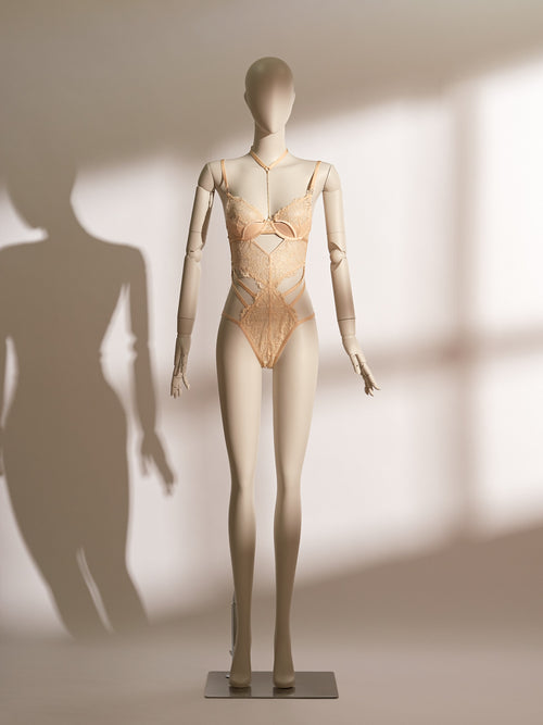 Celestial Chains Golden Ouvert Bodysuit featuring luxurious golden lace, open-cup detailing, and provocative ouvert design for sophisticated seduction