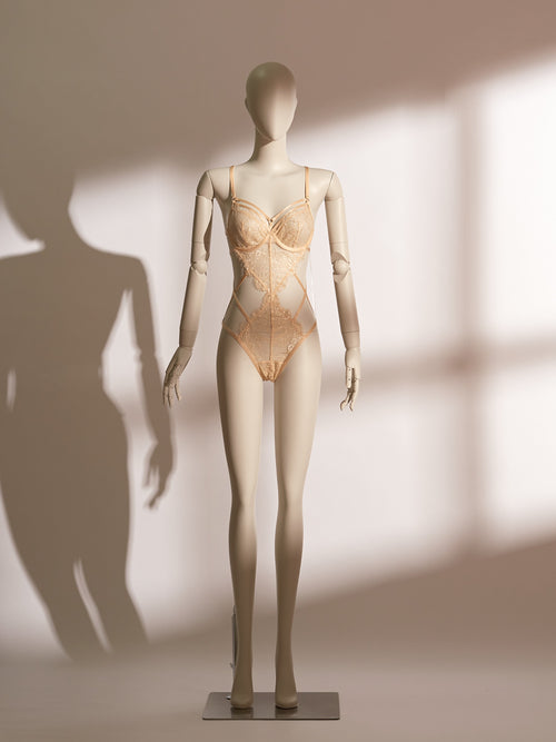 Celestial Divinity Gilding Underwire Teddy in sheer nude mesh with intricate golden lace embroidery, underwire support, adjustable straps, and a crotchless ouvert design for a luxurious and seductive lingerie statement.