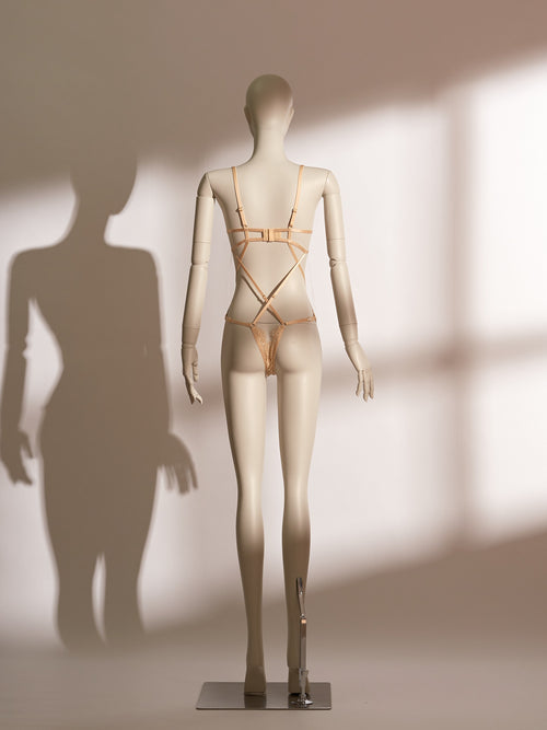 Celestial Divinity Gilding Underwire Teddy in sheer nude mesh with intricate golden lace embroidery, underwire support, adjustable straps, and a crotchless ouvert design for a luxurious and seductive lingerie statement.