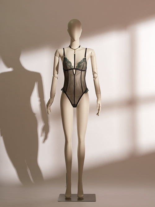 Emerald Obsidian Necklace Bodysuit featuring sheer mesh, delicate embroidery, open crotch detail, and a detachable emerald rhinestone choker—luxurious sexy lingerie designed for elegance, comfort, and seductive appeal.
