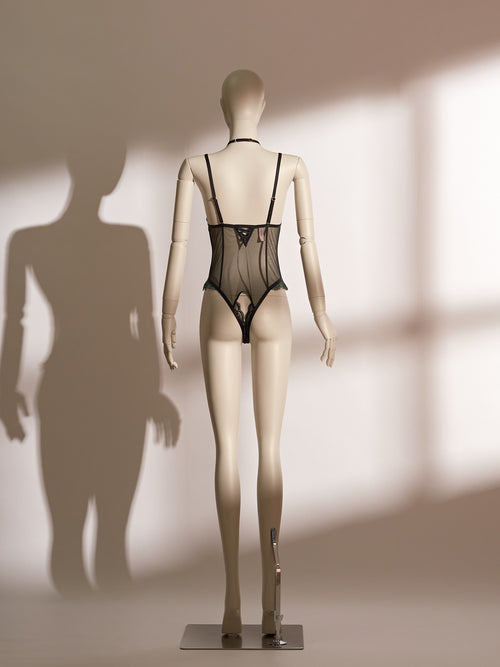 Emerald Obsidian Necklace Bodysuit featuring sheer mesh, delicate embroidery, open crotch detail, and a detachable emerald rhinestone choker—luxurious sexy lingerie designed for elegance, comfort, and seductive appeal.