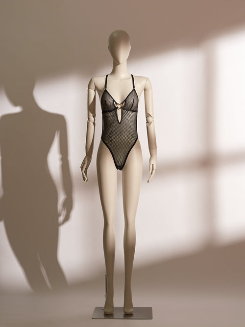 Heartbound Ouvert Bodysuit with jacquard mesh, gold heart trim, and daring open teddy design for bold, seductive elegance