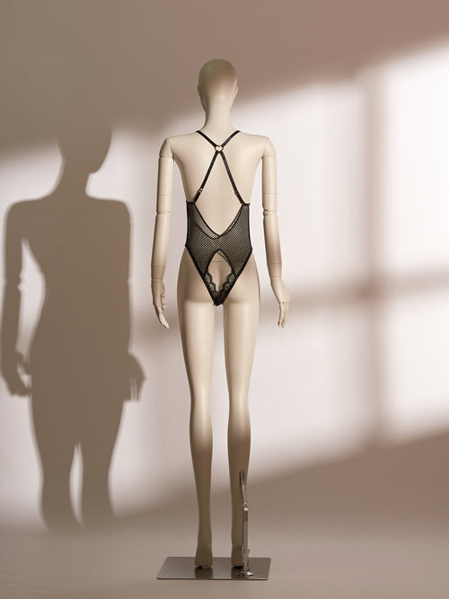 Heartbound Ouvert Bodysuit with jacquard mesh, gold heart trim, and daring open teddy design for bold, seductive elegance