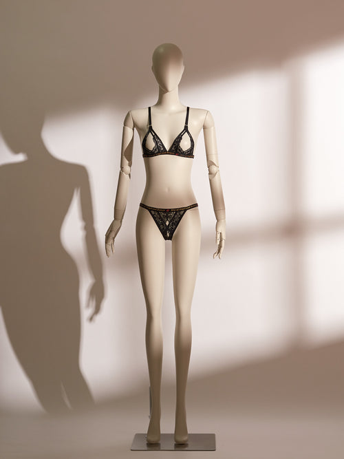 Infernal Grace Open Bra Set featuring wireless open bralette and lace crotchless knickers for bold, seductive allure