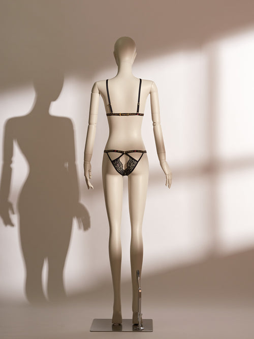 Infernal Grace Open Bra Set featuring wireless open bralette and lace crotchless knickers for bold, seductive allure
