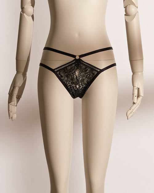 Midnight Allure Open Knicker in black floral lace with double side straps and a low-waist, crotchless design for a bold and seductive lingerie look.