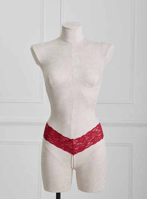Red lace Pearl Chain Ouvert thong underwear featuring hand-crafted pearl chains for an elegant and seductive look. Part of our premium hot lingerie collection from a top lingerie brand.