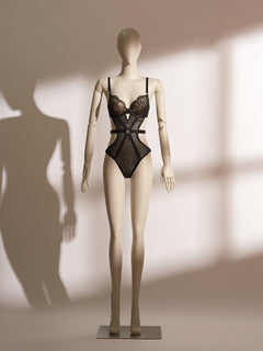 Valentina Noir Teddy featuring black mesh and gold lace cups, open crotch design, and adjustable waist strap—an avant-garde, seductive bodysuit by Pills N Poison.